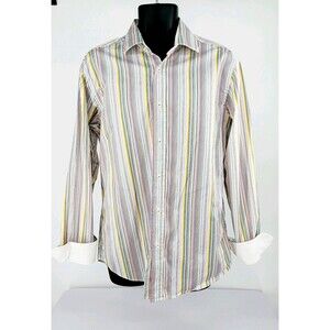 Bugatchi Uomo Mens Large Shaped Fit Casual Shirt Flip Cuffs Bright Striped